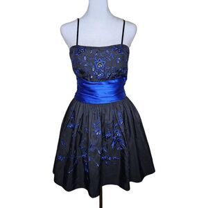 Vintage 90s Spaghetti Strap Cocktail Dress Womens Size 7 Blue Black Party Prom